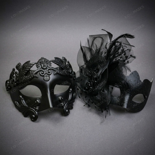 Roman Greek Emperor and Side Feather Veil Women Couples Masquerade Mask - Black