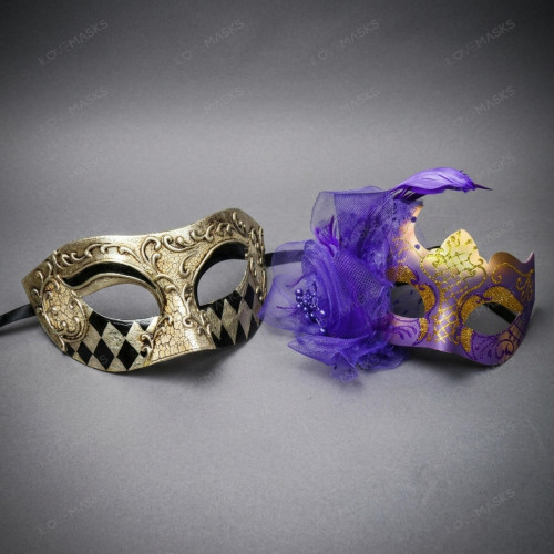 Elegant Harlequin Glitter And Purple Flower Women Men Masquerade Mask - Purple Gold Black