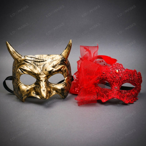 Mythical Horned and Intricate Red Lace Feather Couple Masquerade Masks - Gold Red