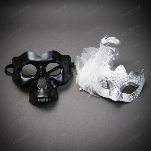 Gothic Skull And Elegant Feathered Glitter Lace Couple Masquerade Eyes Masks - Black White