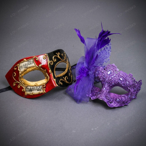 Venetian Music Note And Purple Feather Lace Couples Masquerade Mask - Red Black Purple