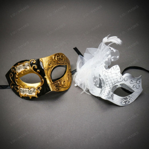 Venetian Musical Baroque Glitter Feather Men Women Masquerade Eye Mask - Gold White Silver