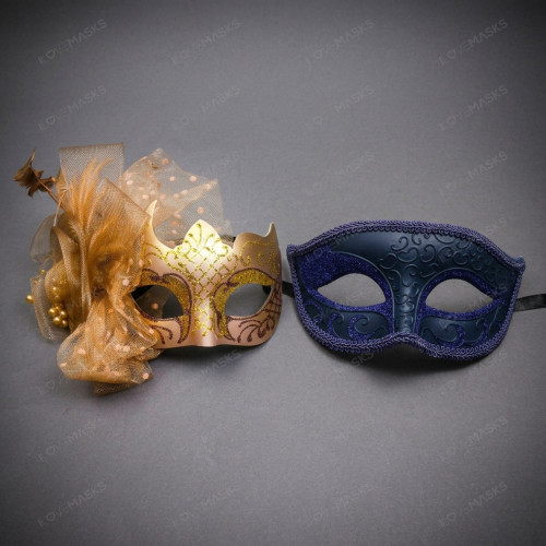Elegant Venetian Glitter Tulle Feather Couple Men Women Masquerade Mask - Gold Navy Blue