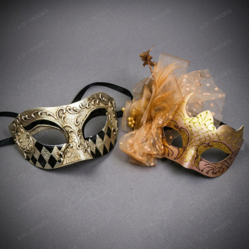 Classic Harlequin Scrolled and Glitter Mesh Feather Masquerade Couple Mask - Gold Black