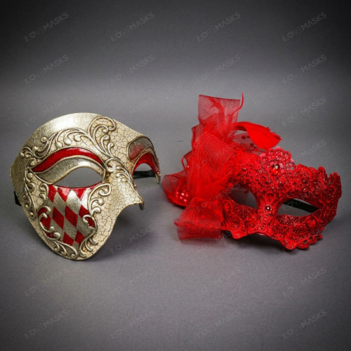 Venetian Harlequin Phantom and Red Feather Lace Couple Masquerade Masks - Red Gold
