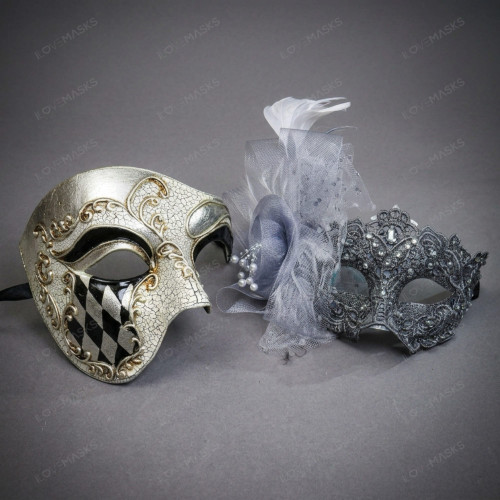 Venetian Harlequin And Lace Flower Feather Couple Masquerade Masks - Silver Black