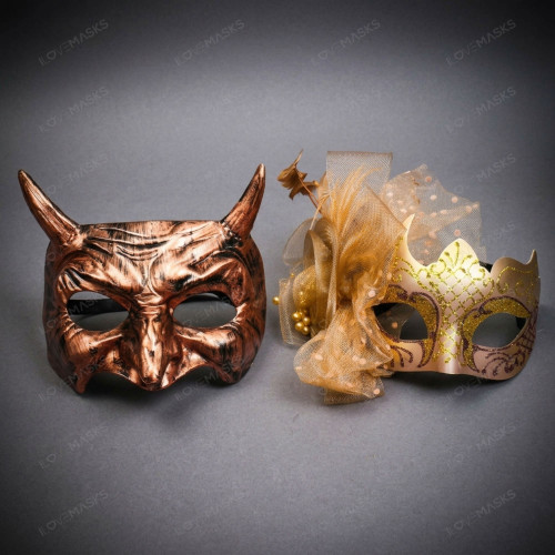 Devil Horned And Glitter Mesh Side Flower Couples Masquerade Mask - Bronze Gold