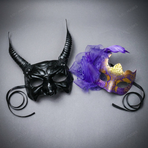 Horned Demon Men's And Purple Feather Mesh Women's Masquerade Mask - Black Purple Gold