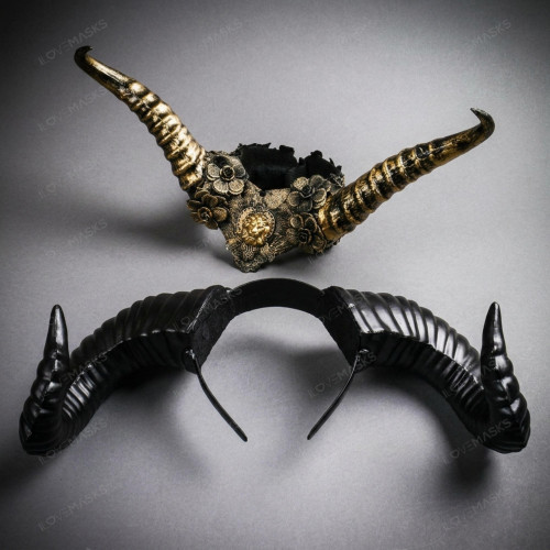 Gothic Ornate Large Horns Floral Mens Womens Headband Masquerade Mask - Black Gold