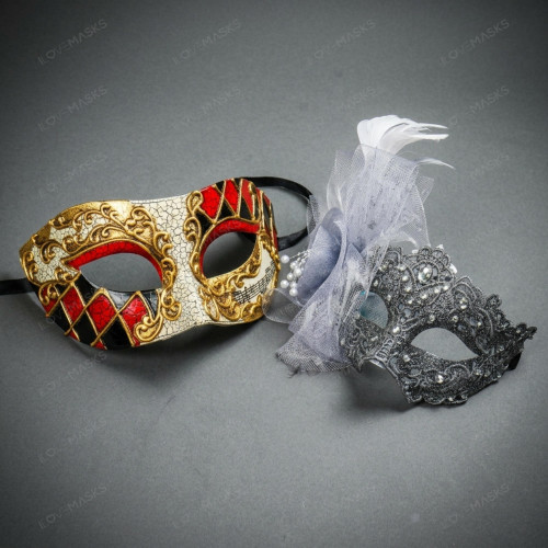 Venetian Harlequin Jester And Grey Glitter Flower Women Masquerade Mask - Red Black Grey Gold