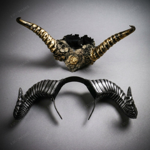 Gothic Ornate Floral Demon Horn Women Masquerade Headpiece Mask - Gold Black Silver