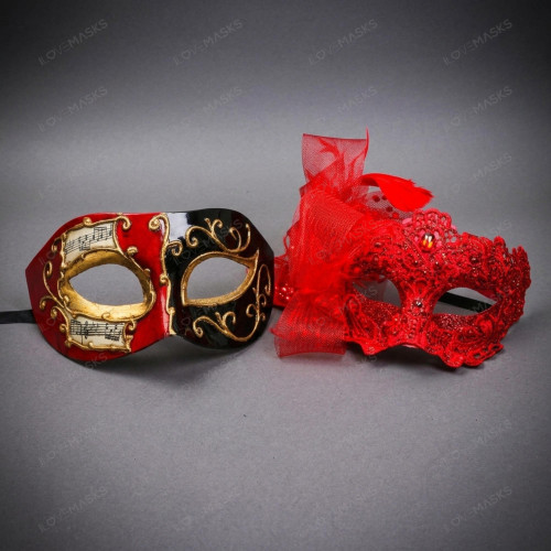 Elegant Venetian Music Note Lace Feather Couples Masquerade Mask - Red Black Gold