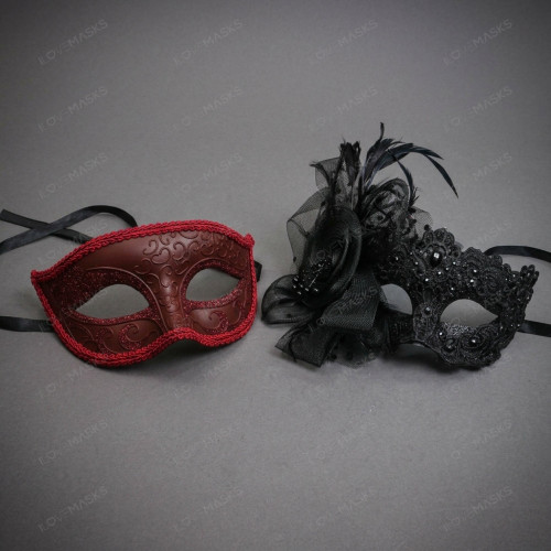 Venetian Elegant Lace Flower Glitter Filigree Couples Masquerade Eye Mask - Red Black