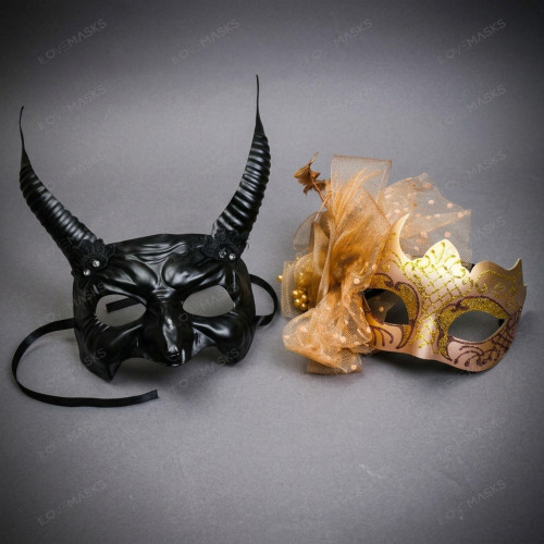 Horned Demon And Gold Glitter Flower Venetian Couple Masquerade Masks - Black Gold