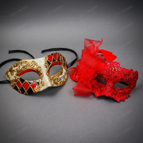 Venetian Harlequin Music and Red Lace Feather Couples Masquerade Mask - Red Gold Black