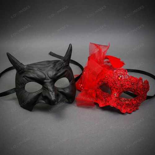 Devil Horned and Lace Feather Men and Women Masquerade Venetian Eye Masks - Black Red