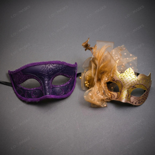Venetian Elegant Glitter Feather Mesh Couple Masquerade Eyes Masks - Purple Gold