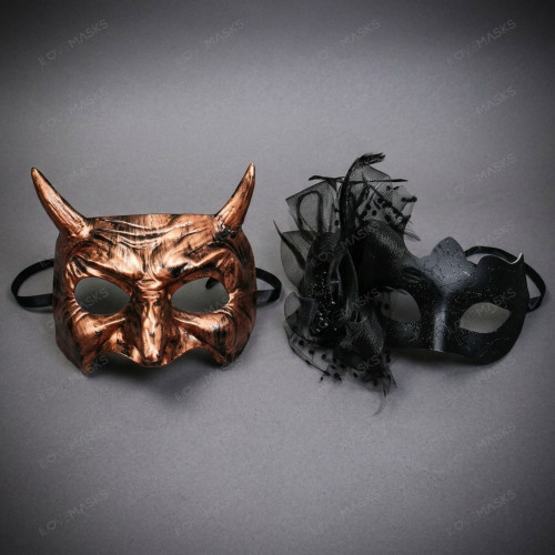 Horned Metallic Bronze Devil And Black Lace Feather Side Couples Masquerade Mask - Bronze Black