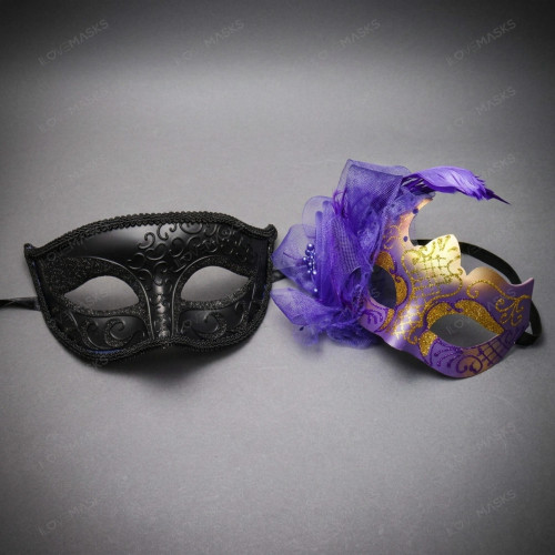 Elegant Scrollwork Side Feather Flower Couple Masquerade Eyes Mask - Black Purple Gold