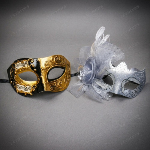 Venetian Music Note and Elegant Floral Feather Masquerade Eyes Masks - Gold Black Silver