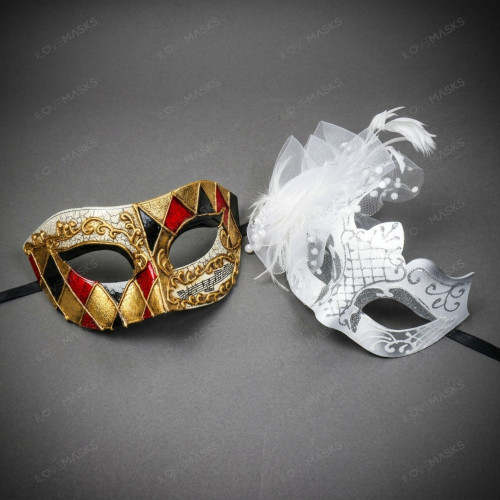 Harlequin Music Note And White Feather Lace Couple Masquerade Eyes Mask - Gold White Silver