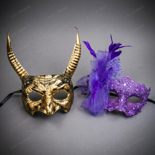 Mythical Horned Demon and Elegant Purple Lace Feather Couple Masks - Gold Purple