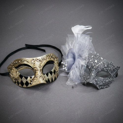 Venetian Harlequin Jester and Floral Lace Women Men Masquerade Mask - Gold Black Silver