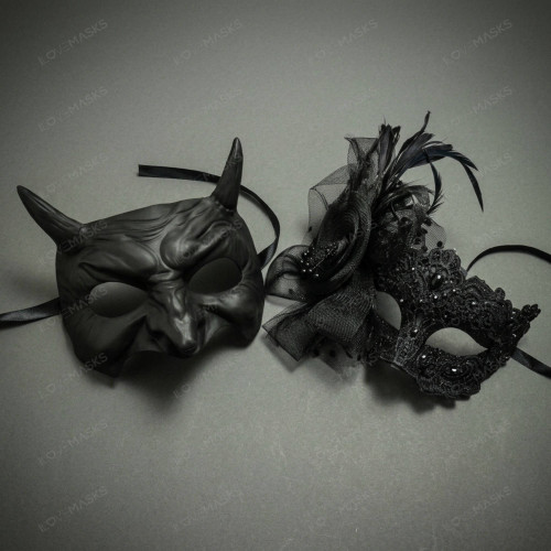 Gothic Horned Devil Beast and Elegant Lace Feather Flower Couples Masquerade Masks - Black