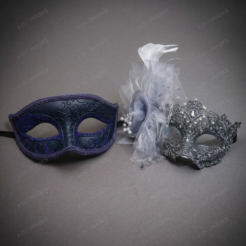Venetian Scroll and Lace Flower Feather Couple Masquerade Mask - Blue Silver