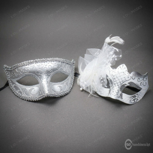 Elegant Glitter Lace Feather Flower Women Masquerade Ball Eye Mask - Silver White