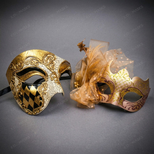 Venetian Harlequin Gold Crackle Feather Accented Men Women Couples Masquerade Mask - Gold Black