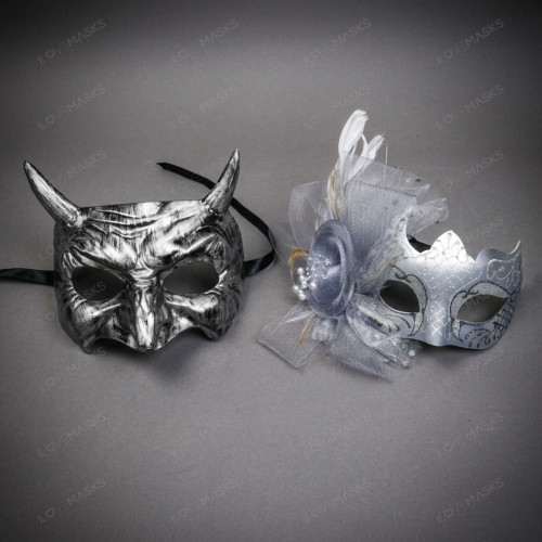 Horned Devil and Silver Glitter Flower Venetian Masquerade Couple Mask - Silver Black