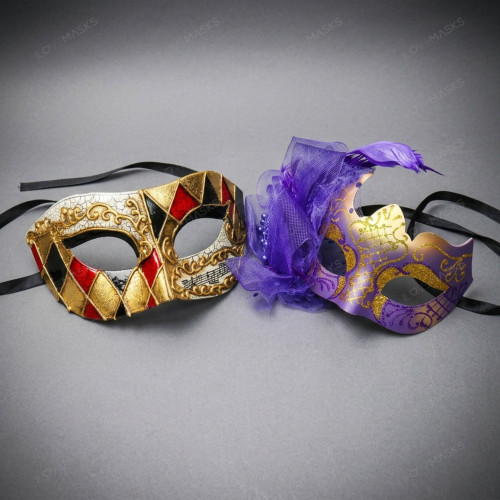Vintage Venetian Harlequin Jester Pattern Men Masquerade Eye Mask - Gold Red Black