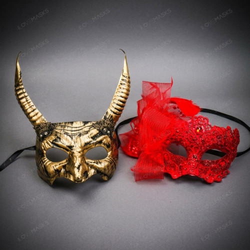 Vintage Horned Devil Elegant Lace Feather Men Women Masquerade Ball Mask - Gold Red