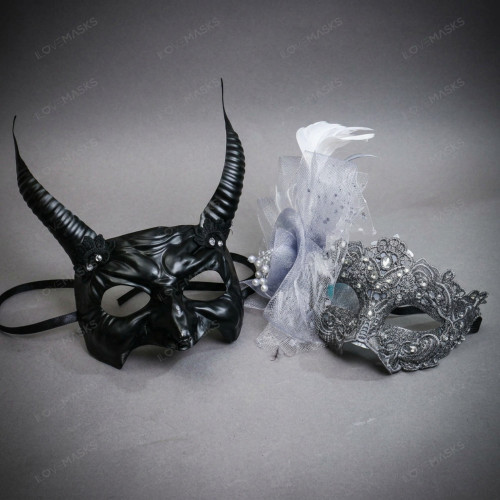 Horned Devil And Silver Lace Feather Pearl Couples Masquerade Masks - Black Silver