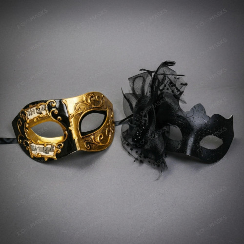 Elegant Musical Note And Decorative Side Flower Couple Masquerade Mask - Gold Black
