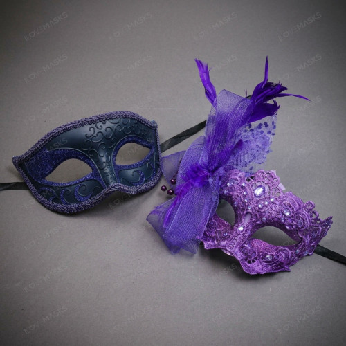Elegant Glitter Lace Feather Jeweled Tulle Women Masquerade Eye Masks - Purple Dark Purple