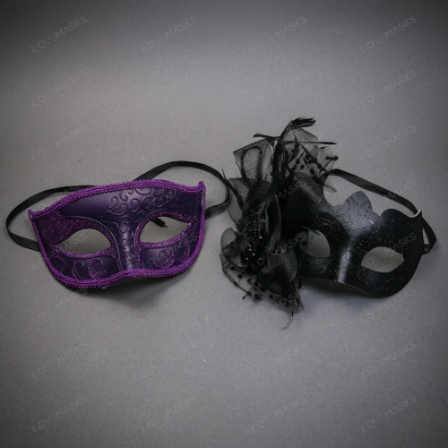 Venetian Elegant Glitter Scroll and Side Flower Women Masquerade Masks - Purple Black