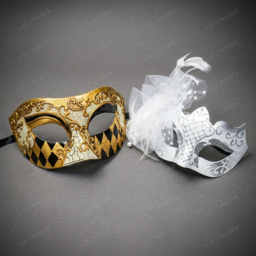 Venetian Harlequin and Feathered Glitter Couples Masquerade Mask - Gold White Silver