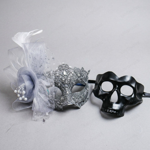 Elegant Glitter Lace Flower And Skull Men Women Masquerade Masks Duo - Silver Black