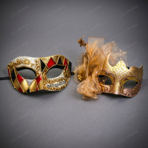 Venetian Harlequin Jester Gold Glitter Floral Men Women Masquerade Mask - Red Gold Black