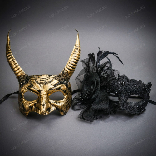 Mythical Horned Beast And Elegant Black Lace Floral Women Masquerade Mask - Gold Black