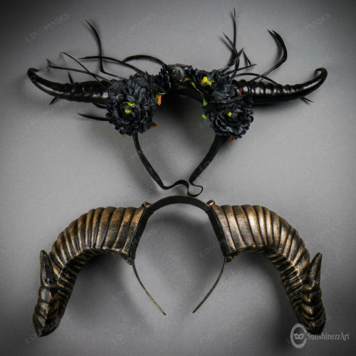 Evil Gothic Ram Horn Flower Feather Women Venetian Masquerade Mask - Black Gold
