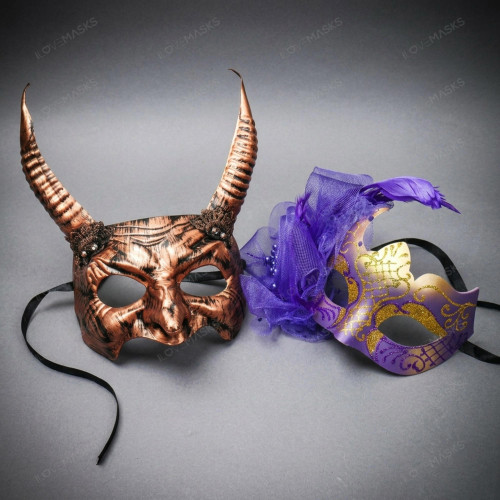 Mythical Horned Demon and Purple Feather Women Masquerade Eye Mask - Bronze Purple