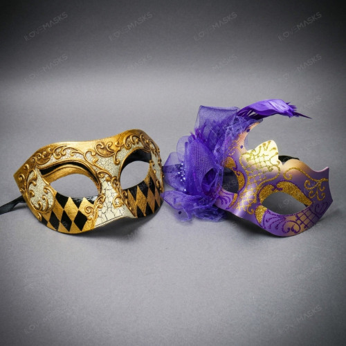 Venetian Ornate Glitter Filigree Feathered Women Masquerade Eye Mask - Gold Purple Black