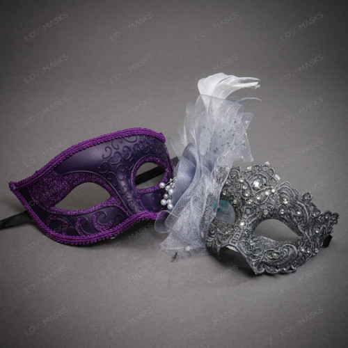 Venetian Glitter Lace Feather Couples Women Men Masquerade Mask - Purple Silver