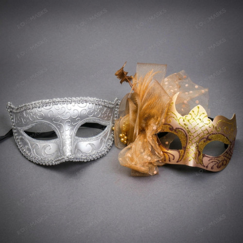 Elegant Venetian Glitter Side Feather Floral Couples Masquerade Mask - Gold Silver