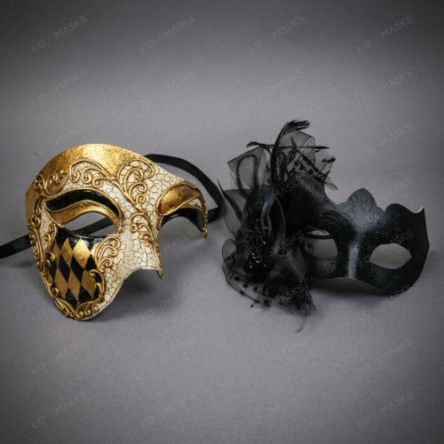 Venetian Harlequin Phantom and Feathered Flower Women Men Masquerade Mask - Gold Black