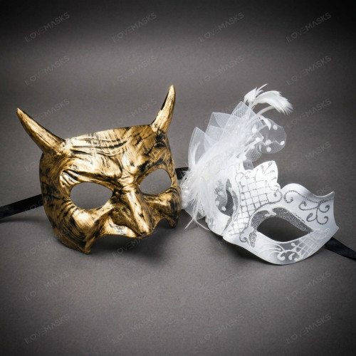 Devil Horned And White Feathered Glittered Men And Women Masquerade Mask - Gold White