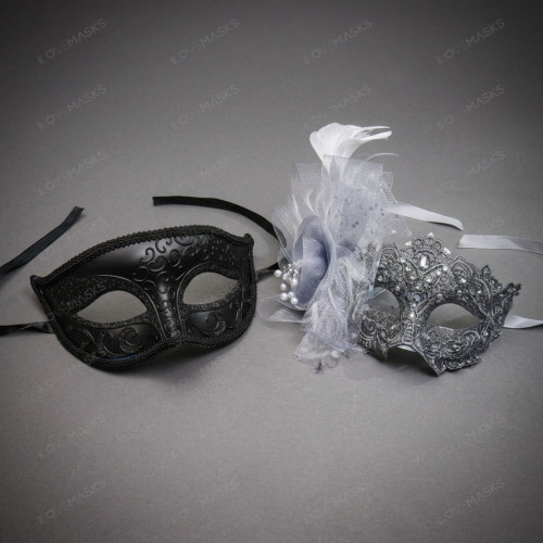 Elegant Floral Glitter Feather Side Flower Couple Masquerade Eye Masks - Black Silver